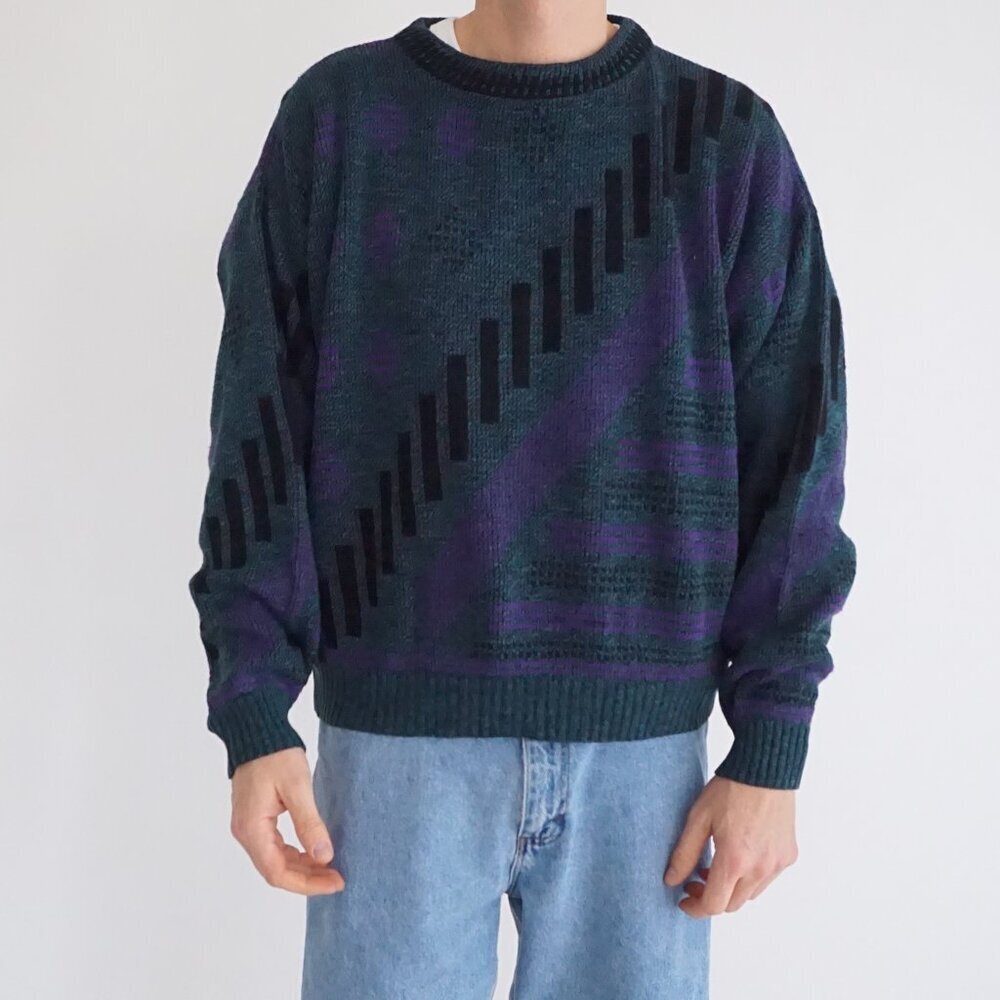 VTG 80s Le Tigre Made in USA Geometric Knit Sweater — Teal Purple Black — Size L